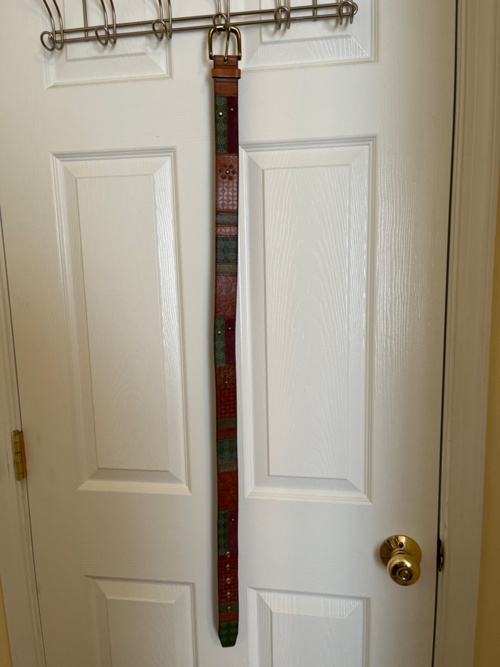 Fossil Patchwork Leather Belt in Red, Green and Brown with Brass Buckle